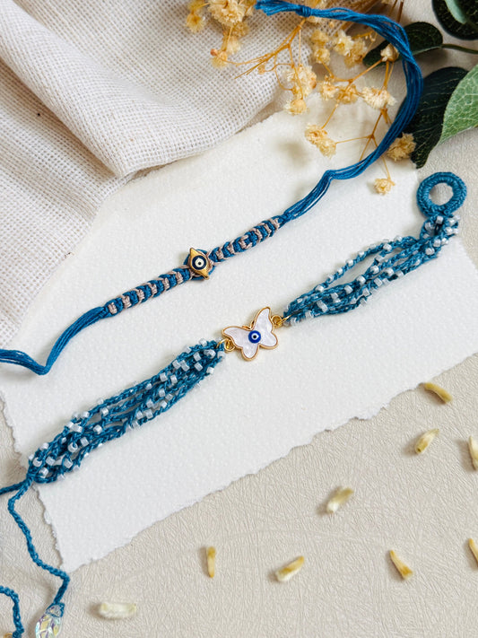 Charm And Butterfly Evil Eye Bhai Bhabhi Rakhi Set