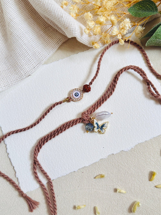 Mystic Evil Eye And Butterfly Charm Bhai Bhabhi Rakhi Set