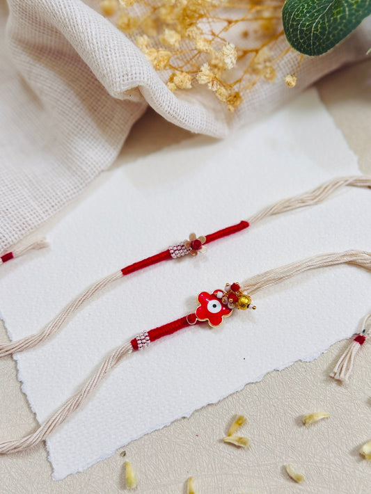 Flower Evil Eye Charm Bhai Bhabhi Rakhi Set