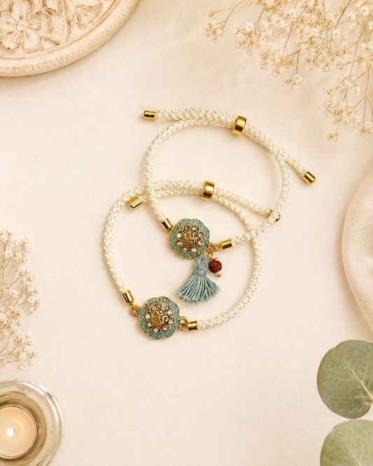 Om Meena Kundan Bracelet Bhai Bhabhi Rakhi Set