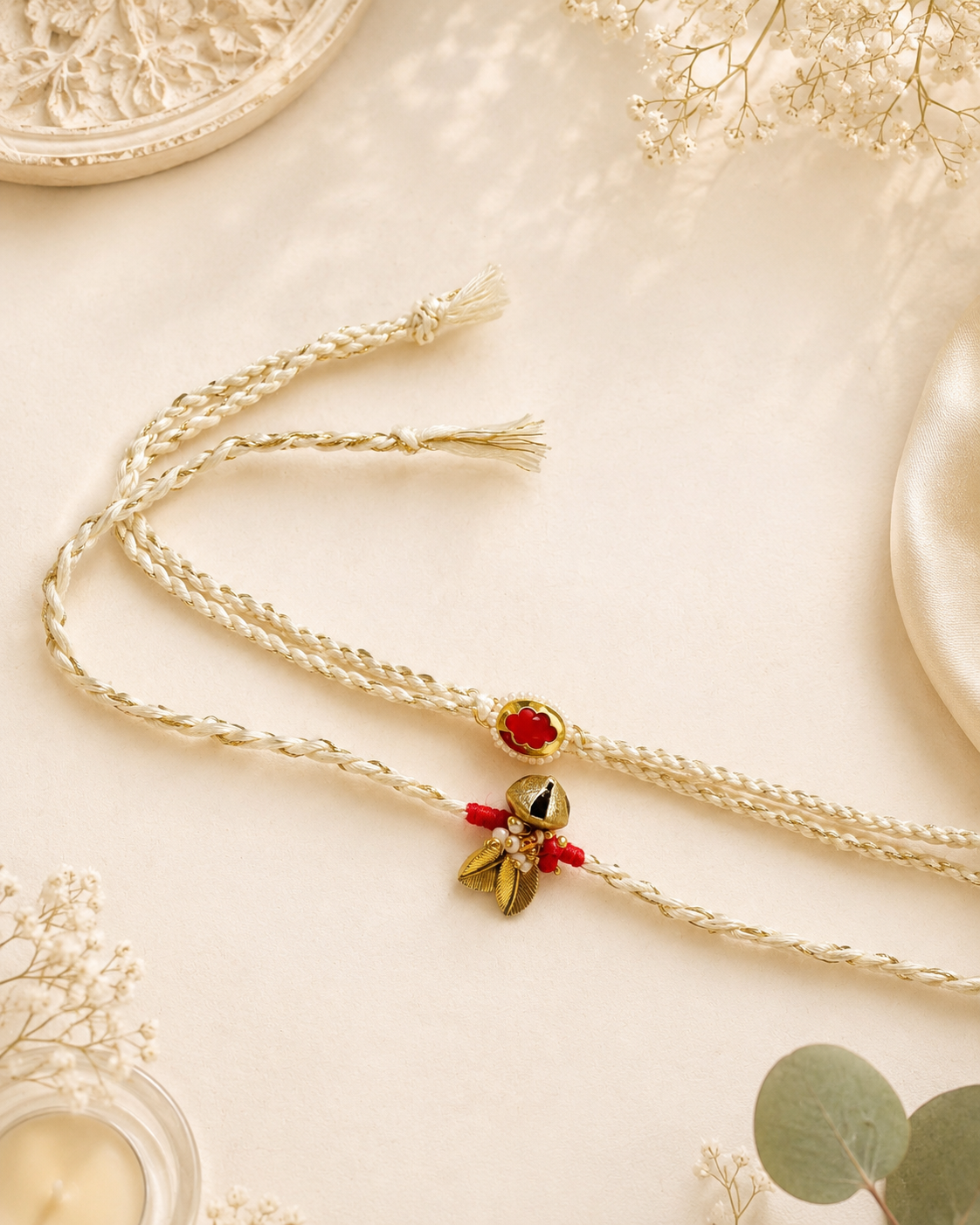 Oval Kundan And Signature Ghungharoo Bhai Bhabhi Rakhi Set