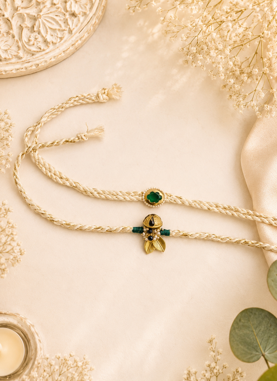 Oval Kundan And Signature Ghungharoo Bhai Bhabhi Rakhi Set