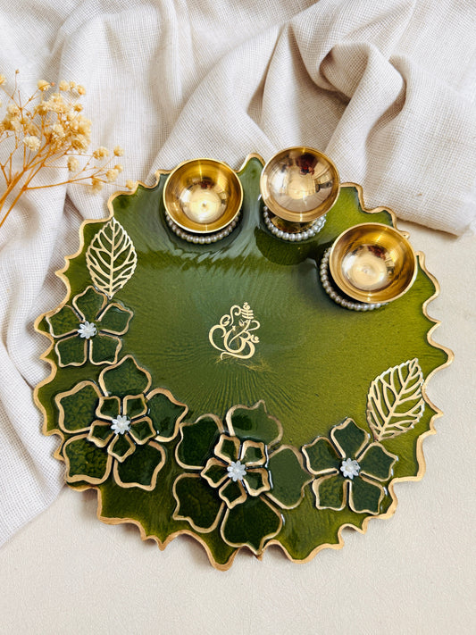 Royal Olive Green Designer Resin Pooja Thali | Raksha Bandhan Gift